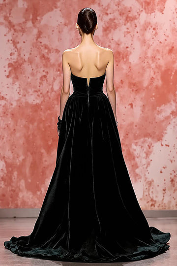 Strapless Long Sleeve A-Line Black Evening Dress With Slit